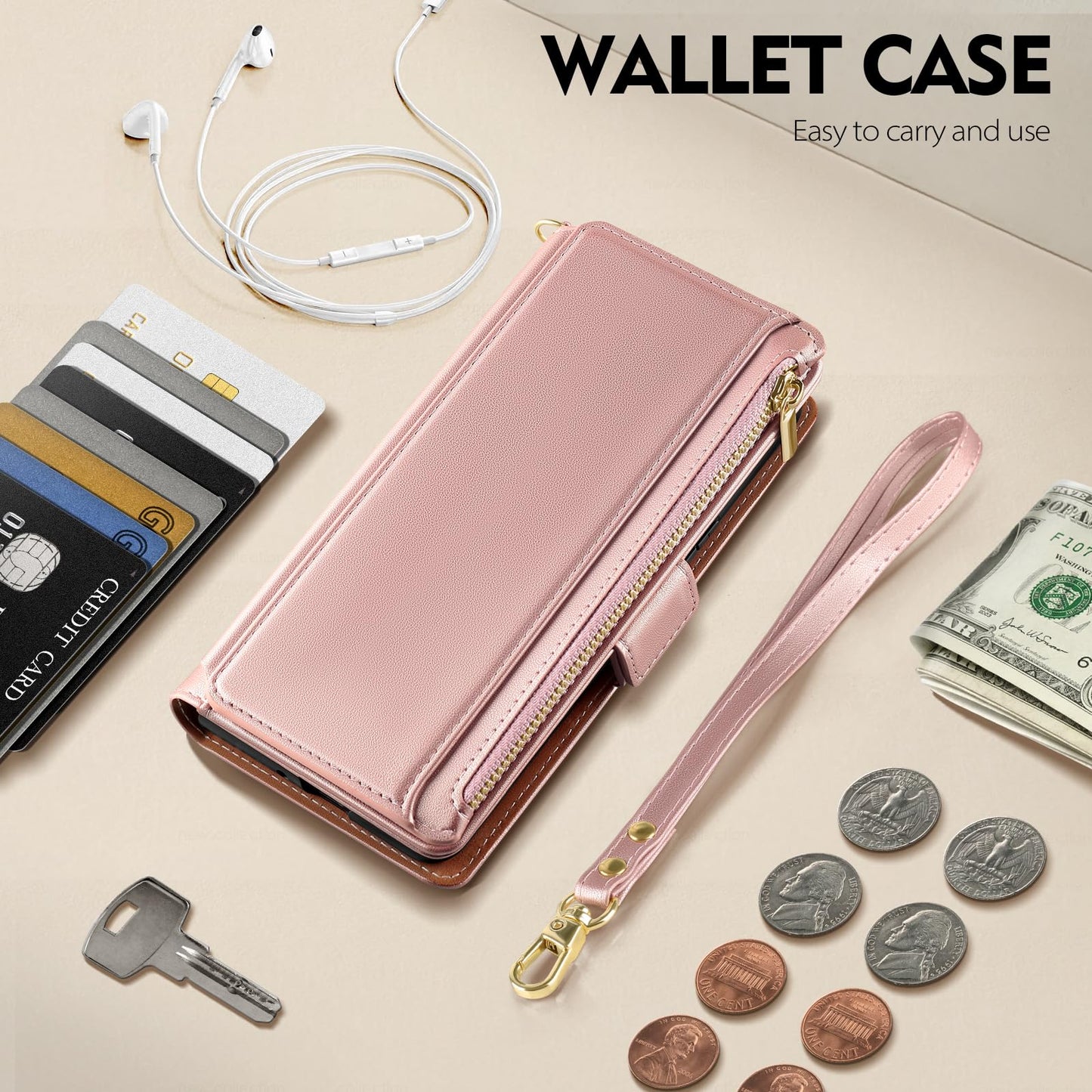 Antsturdy Compatible with iPhone 16 Pro Wallet Case,RFID Blocking PU Leather Phone Case Women Men Kickstand Flip Cover Wrist Strap Zipper Credit Card