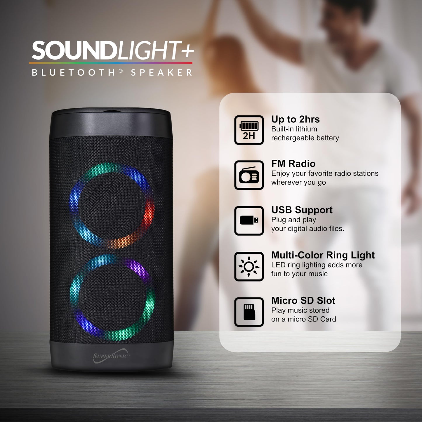 Supersonic SC-2332BT Soundlight Bluetooth Speaker, Stream from Any Device, Enjoy USB/SD Playback, FM Radio, Vibrant Ring Light, Long-Lasting 1500mAh