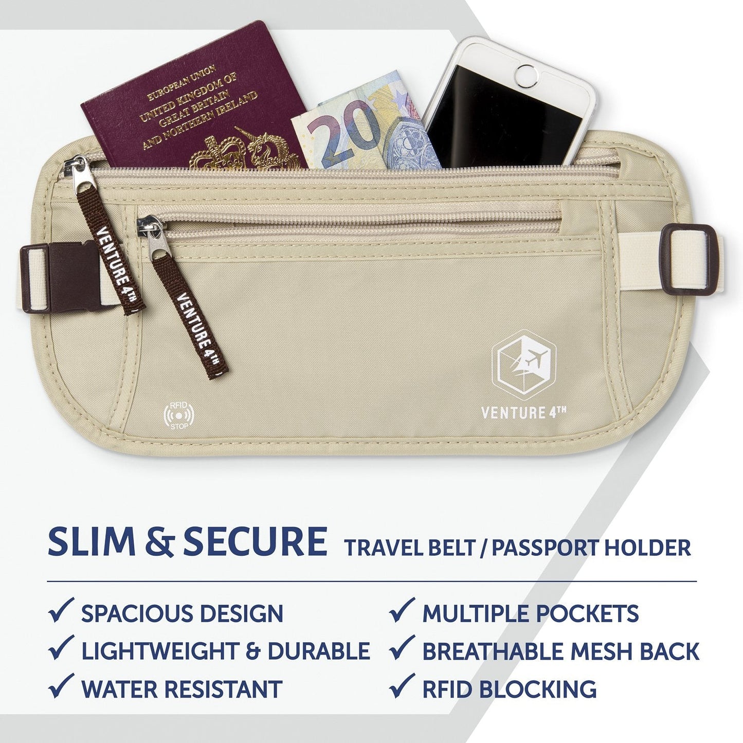 VENTURE 4TH Slim RFID Money Belt – Minimalist Travel Waist Pouch with RFID Blocking Sleeves for Cash, Cards, Passport & Phone, Beige