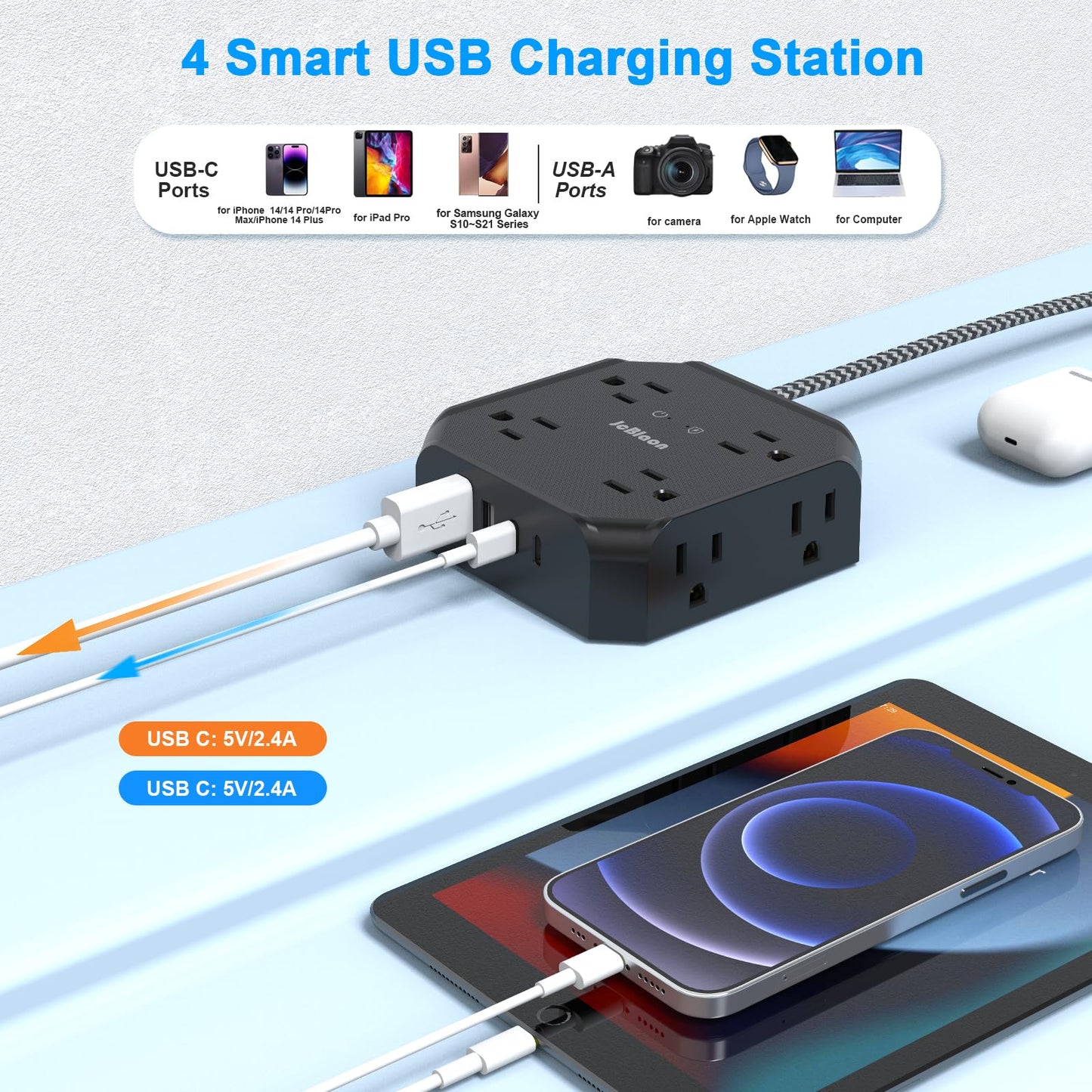 10FT Surge Protector Power Strip, Braided Extension Cord, 8 Outlets 4 USB Ports(2 USB C), Flat Plug Power Strip, USB Desktop Charging Station
