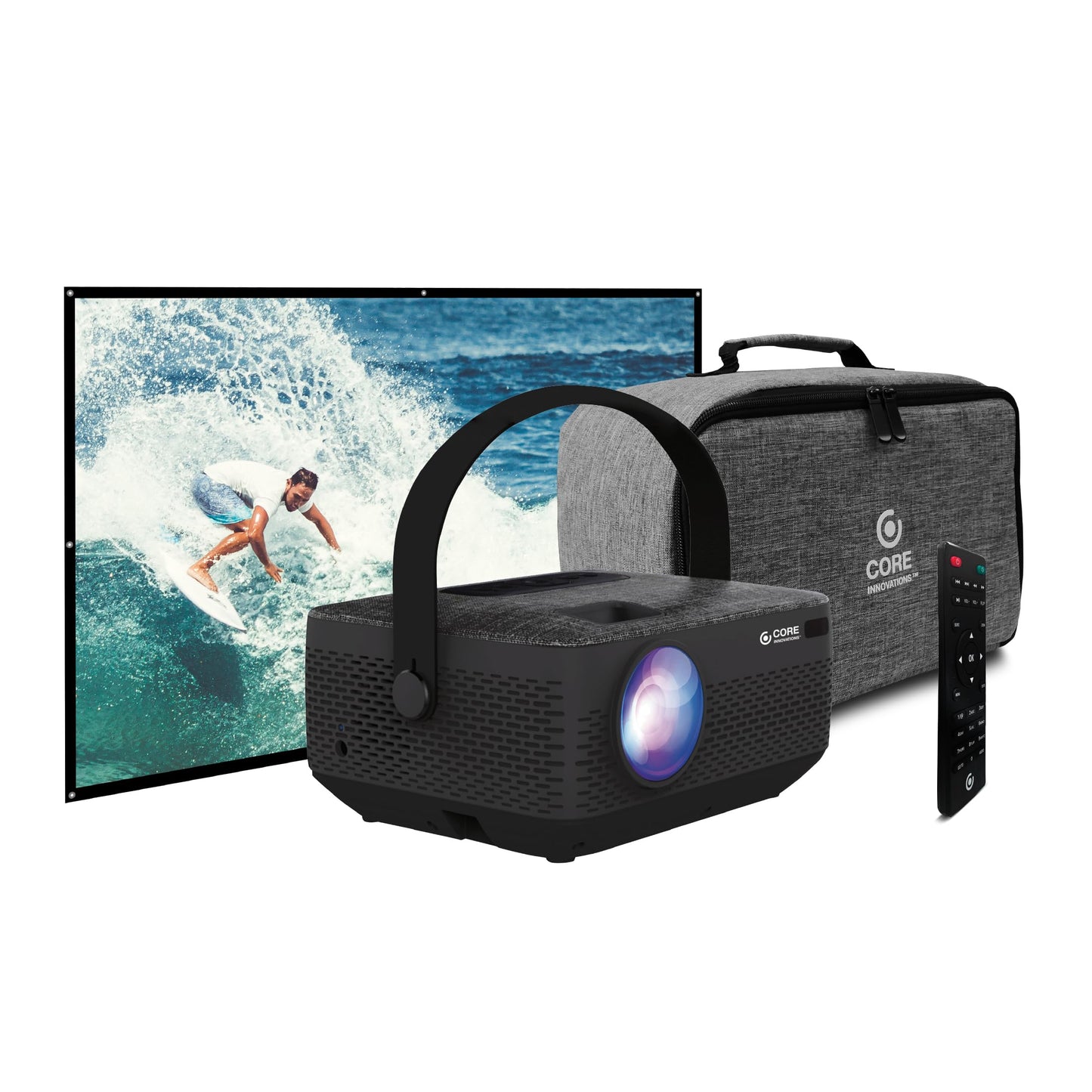 Core Innovations HD Portable Home Theater Projector Bundle with Carrying Bag and 100" Screen
