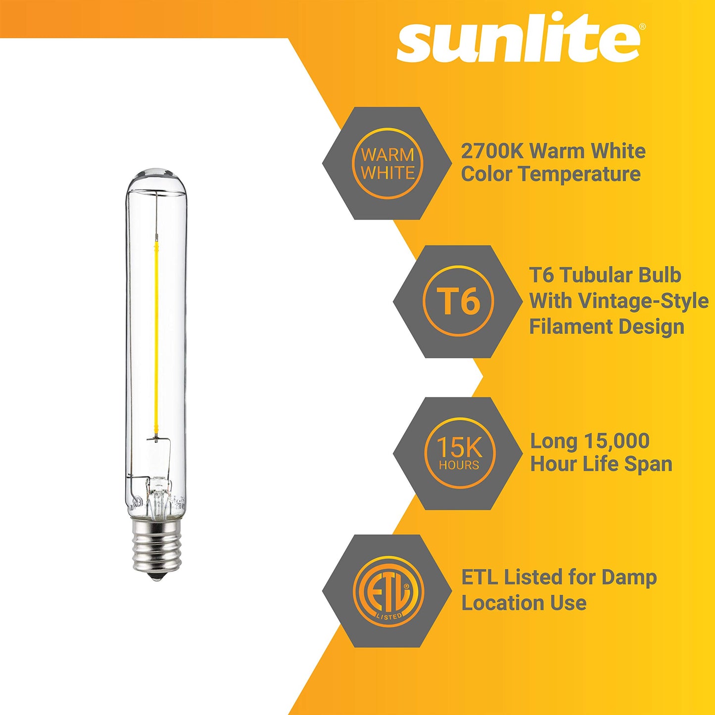 Sunlite LED Filament T6 T6.5 Tubular Light Bulb, 2 Watts (25W Equivalent), 180 Lumens, Intermediate E17 Base, Non-Dimmable, 139 mm, ETL Listed, 2700K