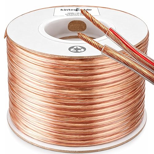 Kinter Cable 100ft 12-Gauge Audio Stereo Speaker Wire 30.48 Meters 2 Conductor Polarity Marked Clear PVC, CCA, Spool in Box, for Home Theater, HiFi