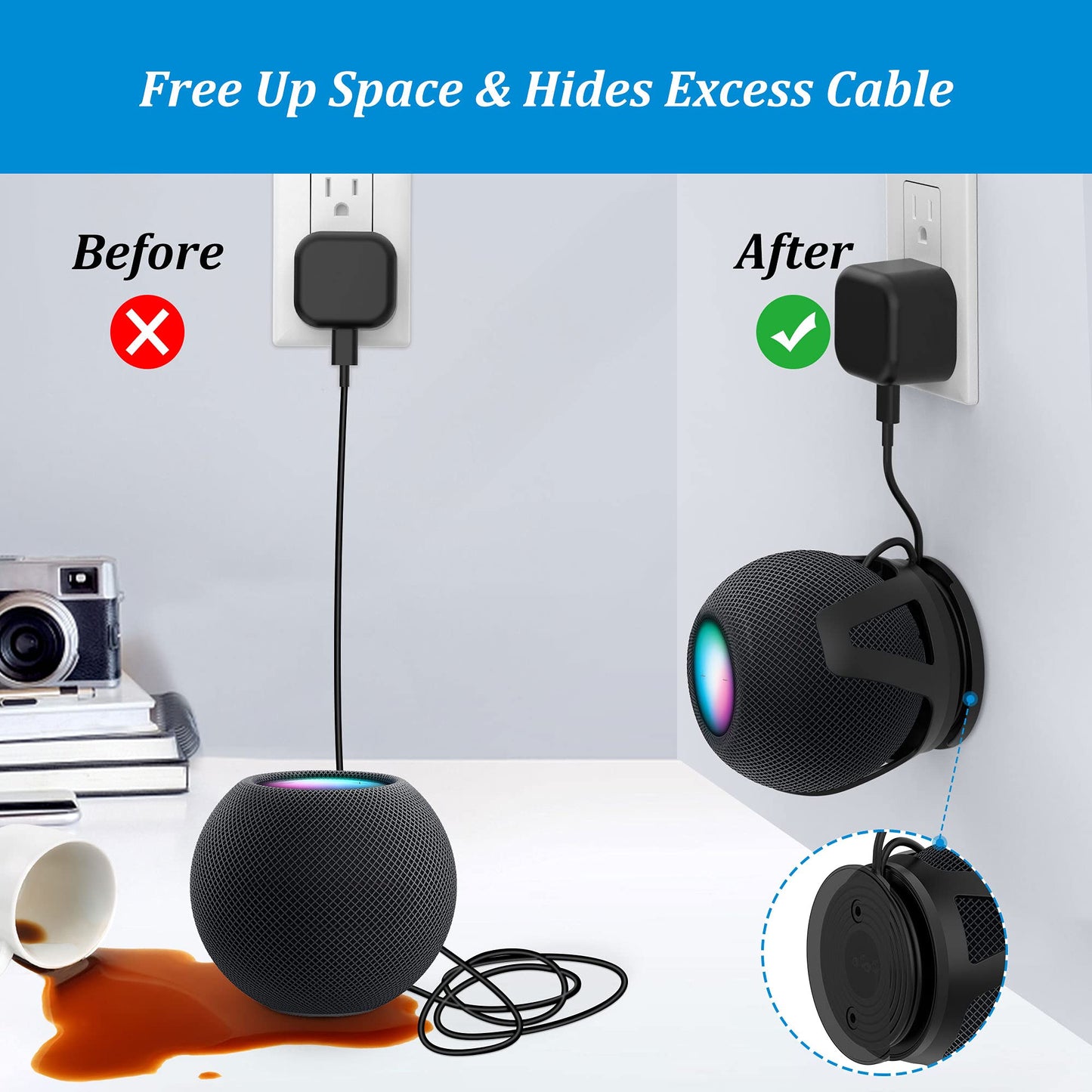 PlusAcc for HomePod Mini Wall Mount - Holder Mount Compatible with Homepod Mini, No Muffled Sound, with Cord Management, Space Saving Accessories for