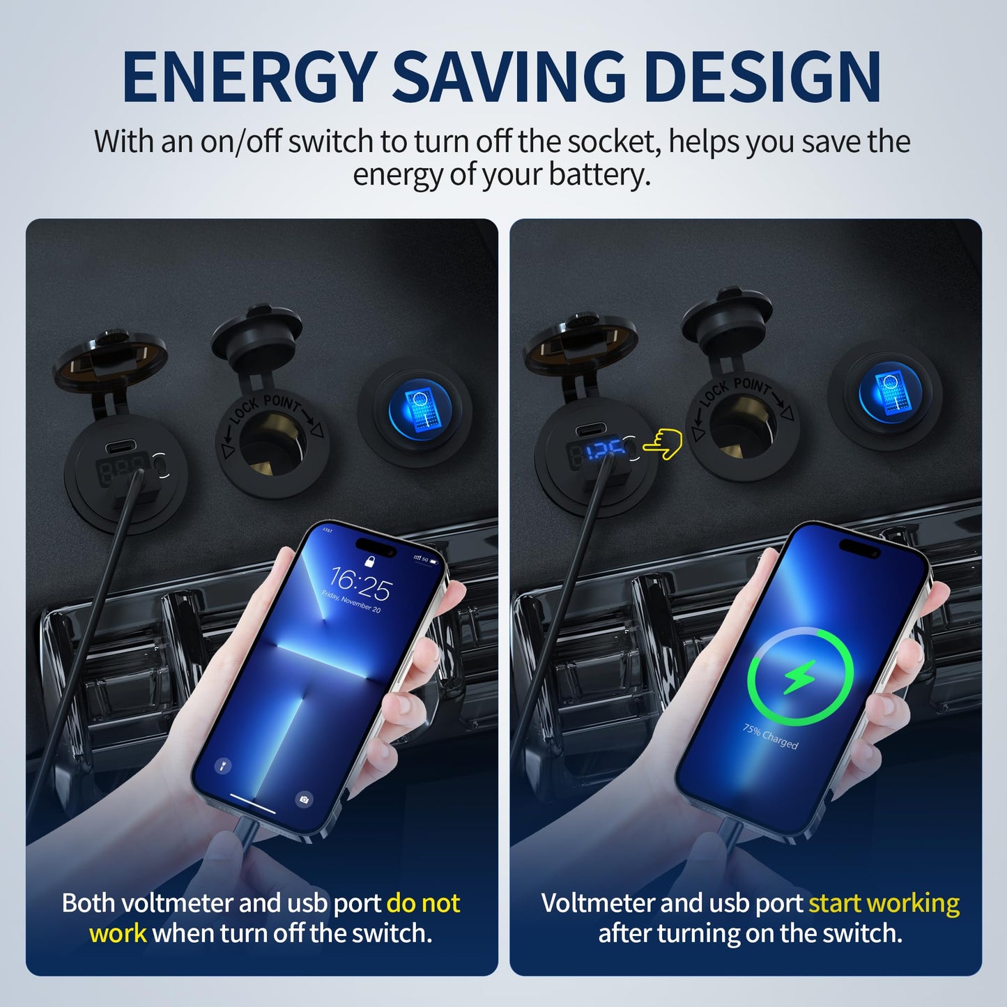 DaierTek 12V USB C Car Charger Socket 3-Pack - 48W PD & QC 3.0 Fast Charging Dual USB Outlet with Voltmeter & ON/Off Switch, Waterproof 12V Charging