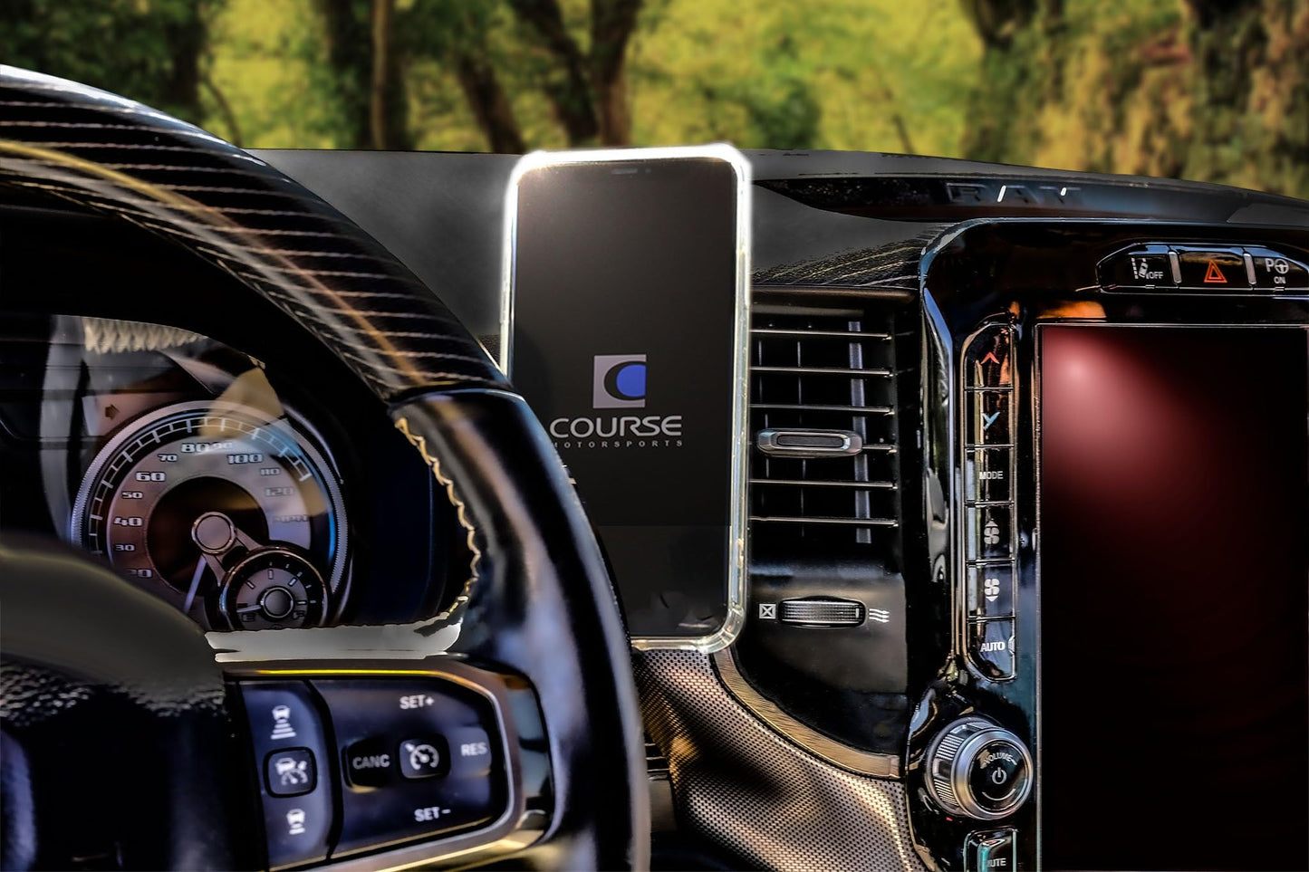 Course Motorsports Direct Fit Phone Mount: Ram TRX, Ram Limited (2019-Present),Laramie Longhorn (2020+) Cradle Head - Charging Auto Closing (Black)