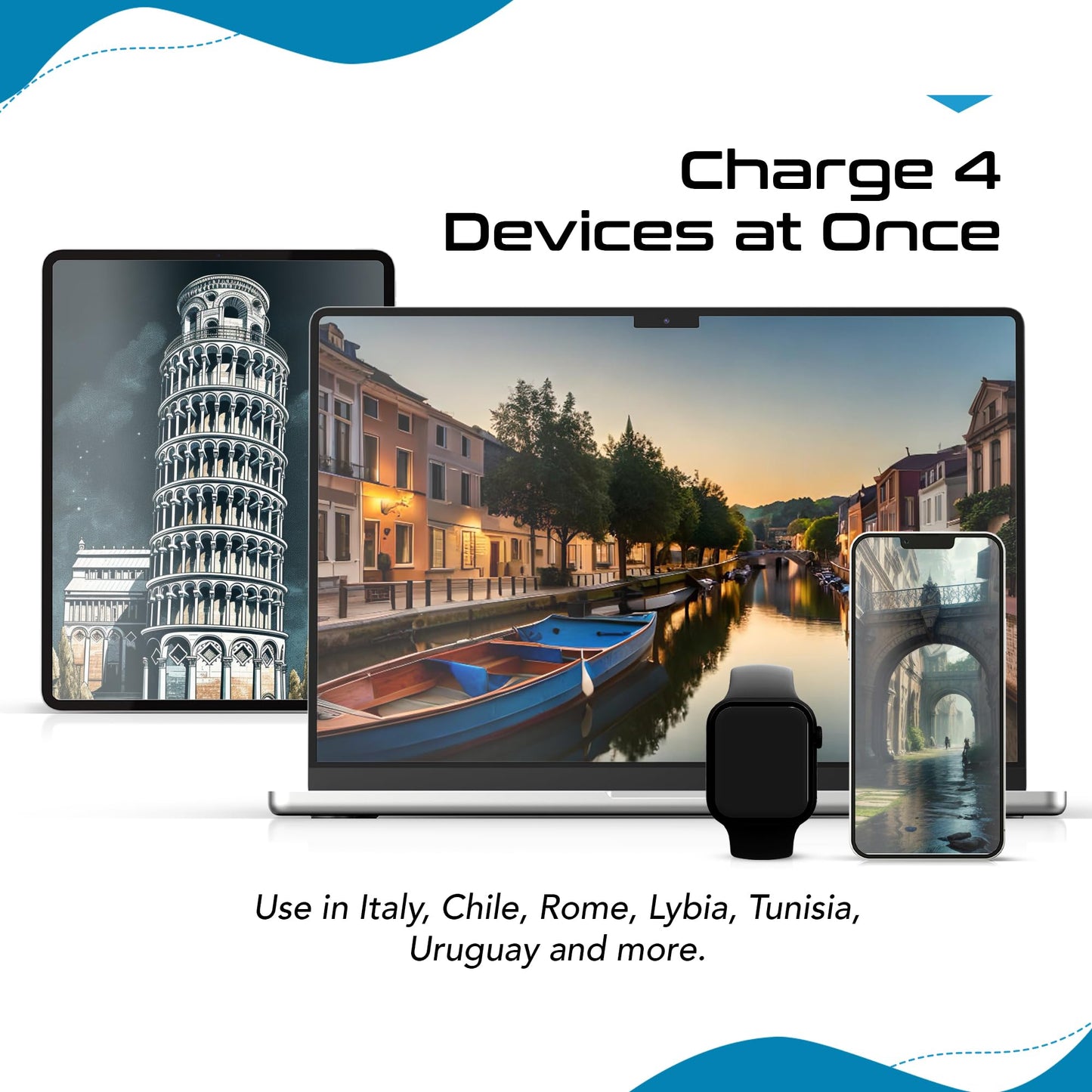 Ceptics Chile, Italy Travel Plug Adapter Set – US to Type C/L with 2 Outlets, USB & USB-C 20W PD, QC 18W, SWadAPt Attachments, PAK-IT