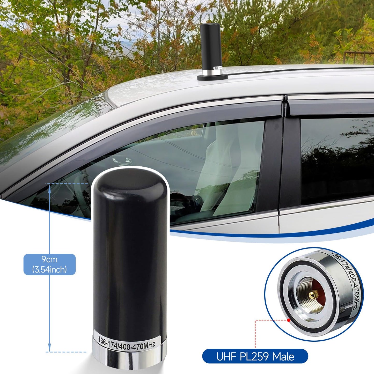 Bingfu Vehicle Ham Radio Antenna Dual Band VHF UHF 136-174MHz 400-470MHz Low Profile PL259 Male Connector Antenna for Car Truck Amateur/Mobile/Two
