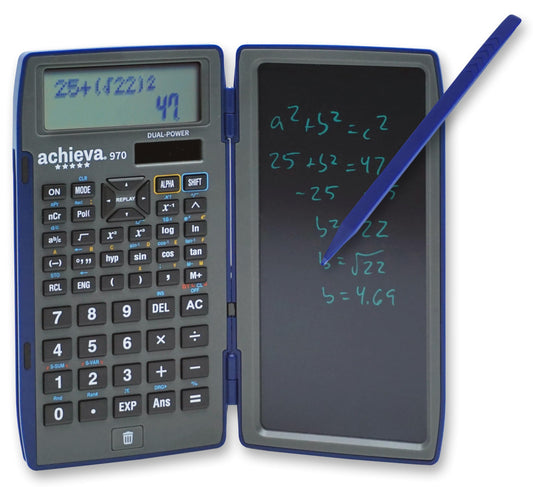 Achieva Scientific Calculator with Erasable LCD Writing Tablet | 2-Line Display | Dual Solar & Battery Power | for Students in Middle School, High