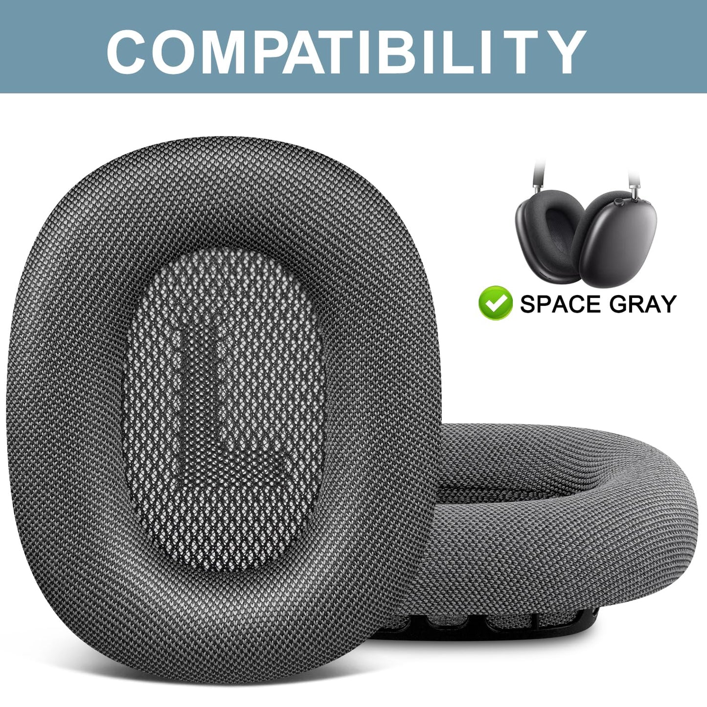 SOPROM Ear Cushions for AirPods Max 1 & 2 Over-Ear Headphones Earpads Replacement Covers Cups Pads with Durable Mesh Fabric, Softer Foam - Space Gray