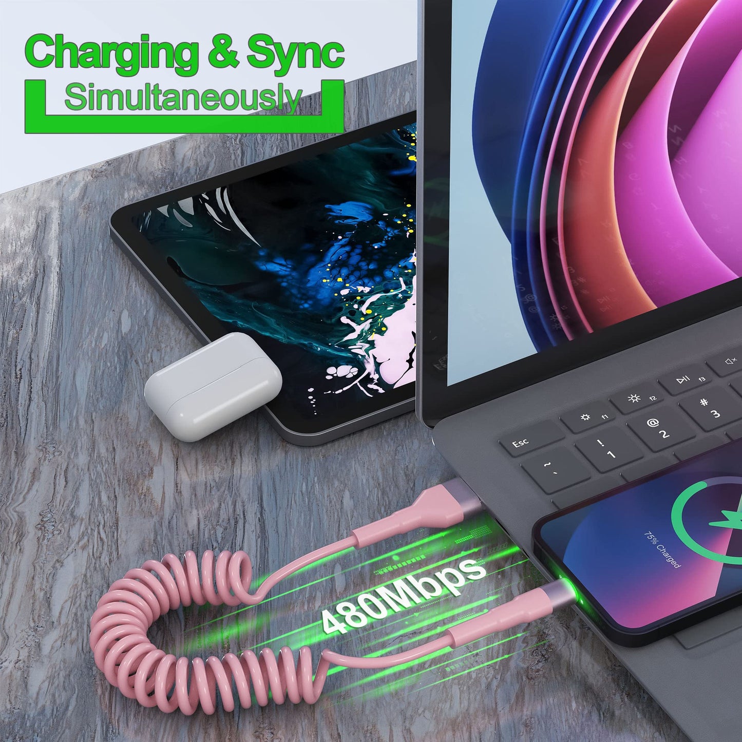 Coiled iPhone Lightning Cable [MFi Certified], Apple CarPlay Cable with Data Sync, Short Coiled iPhone Charger Cable for Car, Pink