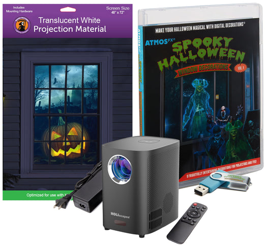 Reaper Brothers Spooky Halloween Digital Decoration Kit Includes 9 AtmosFX Video Effects for Halloween Plus HD Super Bright Projector and 48” x 72”