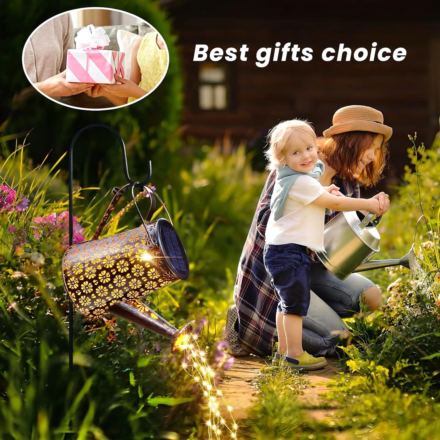 WDLFCGC 2 Pack Solar Watering Can Lights with Shepherd Hook, 8 Multi-Color Changing Modes, IP65 Waterproof, 60pcs String Lights for Outdoor Garden
