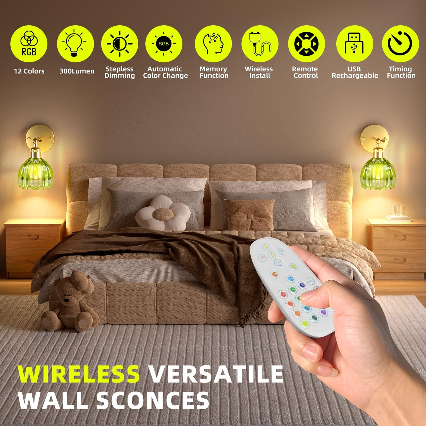 Battery Operated Wall Sconce with Remote Control, Wireless Wall sconces Set of Two with 7000mAh Dimmable Magnetic RGB Bulbs, Rechargeable Wall Light