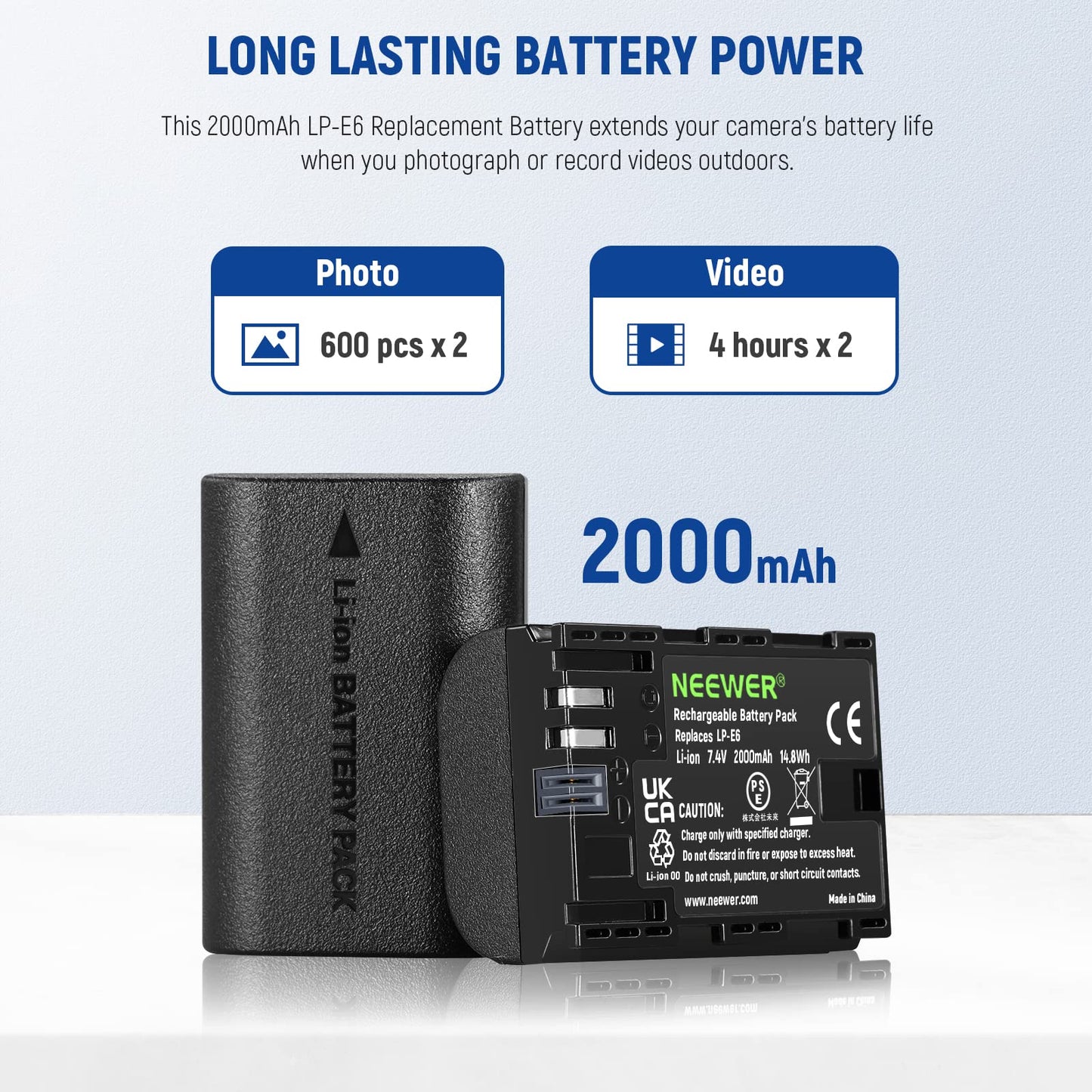 NEEWER Replacement Battery and Charger Set for LP-E6 LP-E6N, Compatible with Canon 5D Mark II III 5D Mark IV 6D Mark II 7D Mark II 70D 80D 90D, 2 Pack