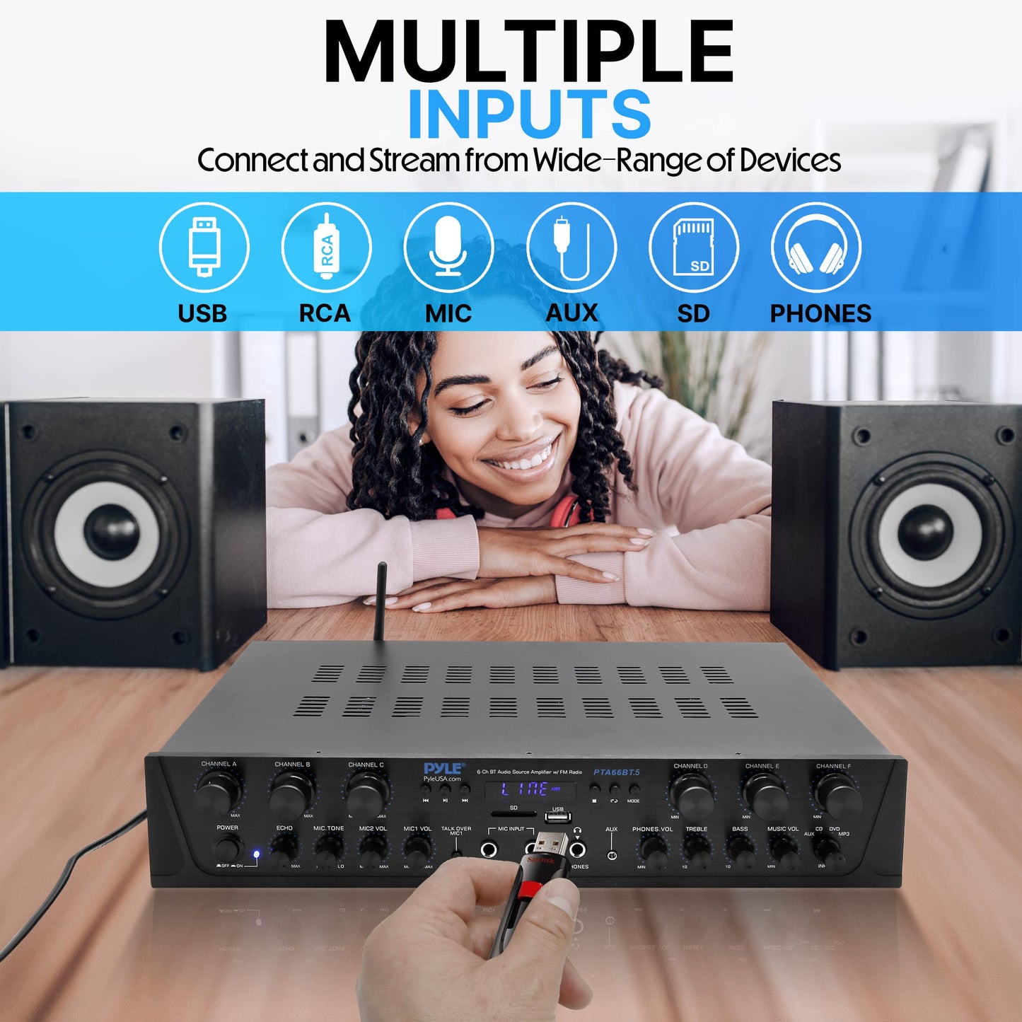 Pyle Bluetooth Home Audio Amplifier - 6 Channel Stereo Receiver Amp, 600 Watt Power, Commercial or Karaoke with Mic Talkover, Headphone Jack, 1/4''