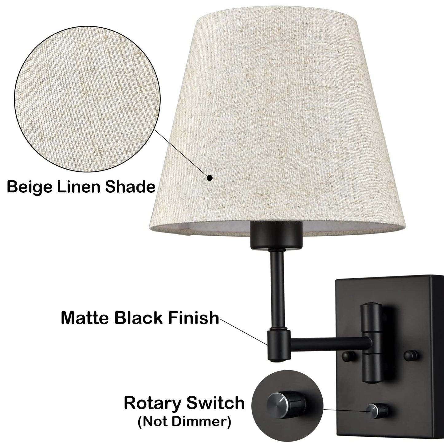 SAMTEEN Swing Arm Wall Sconces Set of Two Modern Black Sconce Light Plug in Wall Sconce with Shade, Black Swing Arm Wall Lamp with Plug in Cord