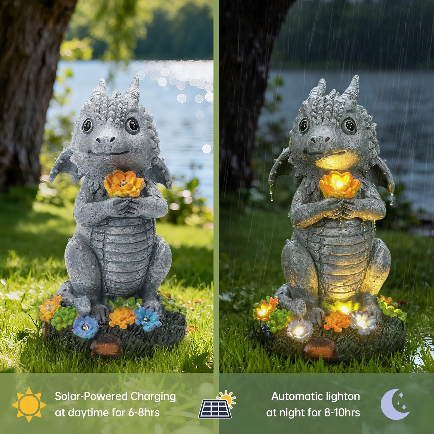 IDEA SHOW Solar Garden Outdoor Statues Dragon with Succulent, Lawn Decor with LED Lights, Outside Statue for Patio, Balcony, Yard Ornament