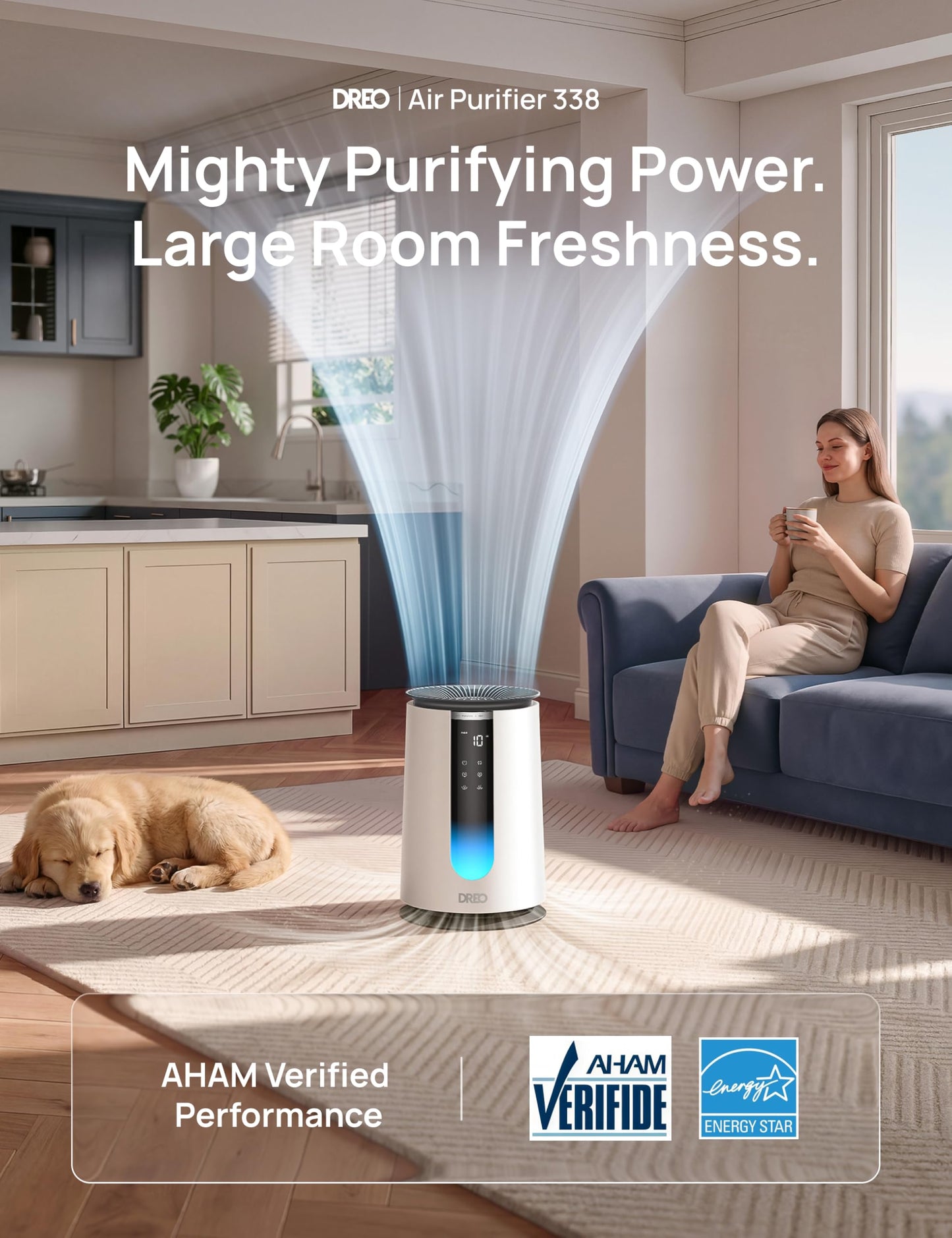 DREO Air Purifier for Home, HEPA Sleep Mode, AHAM VERIFIDE Air Purifiers for Bedroom, Pets, Smoke, Dust, Pollen & Odors, PM2.5 Monitor, Auto & Turbo