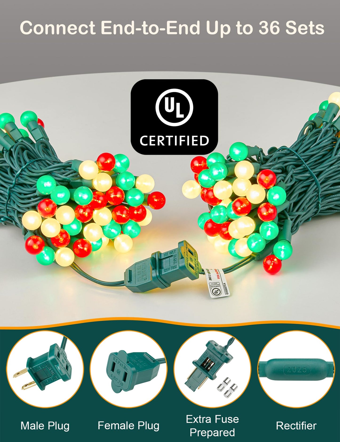 BOHON Christmas Lights Outdoor 24FT 70 LED G15 Red White and Green Globe String Lights Plug in with Pastel Bulb Green Wire for Indoor Patio Xmas Tree