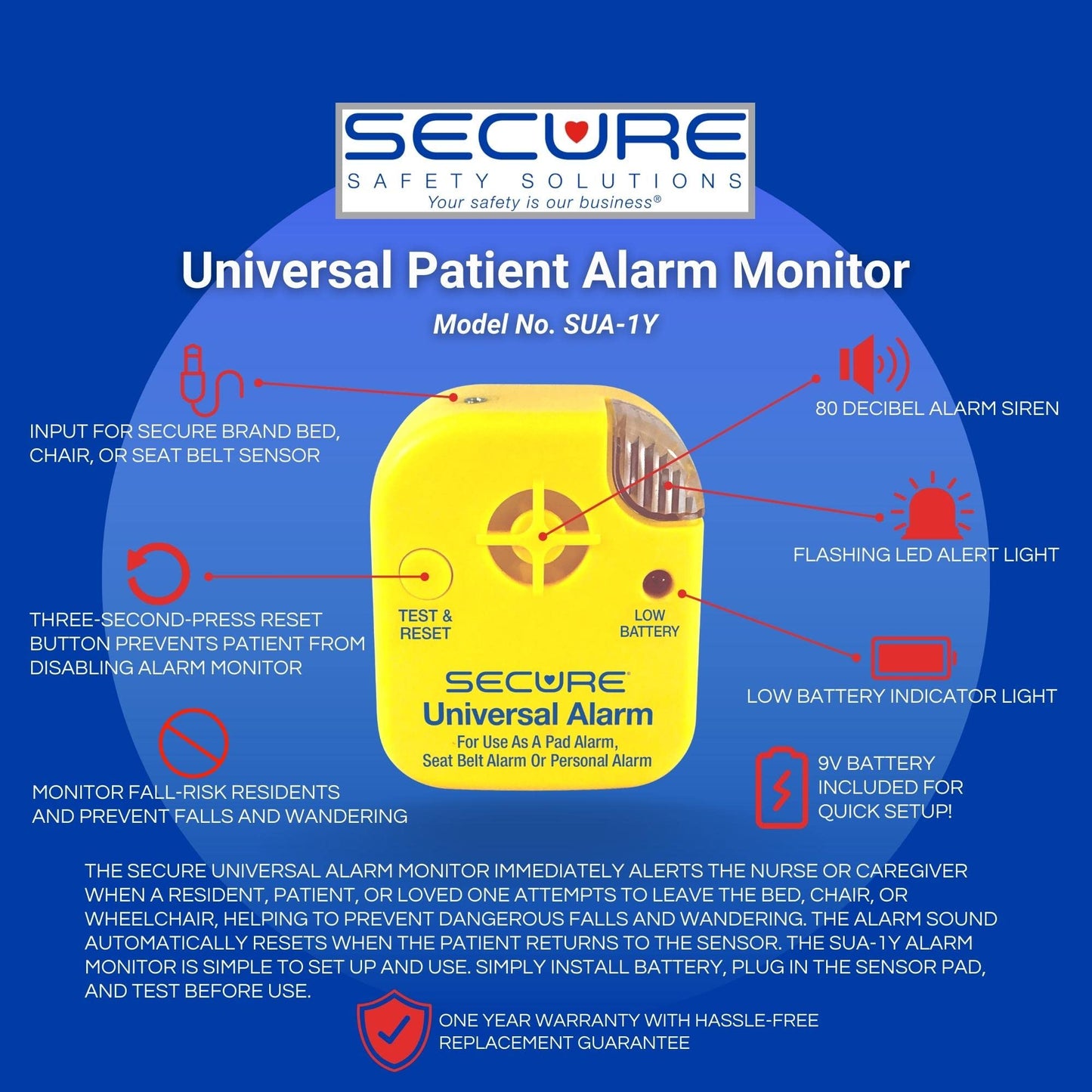 Secure Safety Solutions Universal Alarm Monitor for Elderly Fall Prevention - for Secure Bed, Chair & Wheelchair Seat Belt Sensors (Not Included)