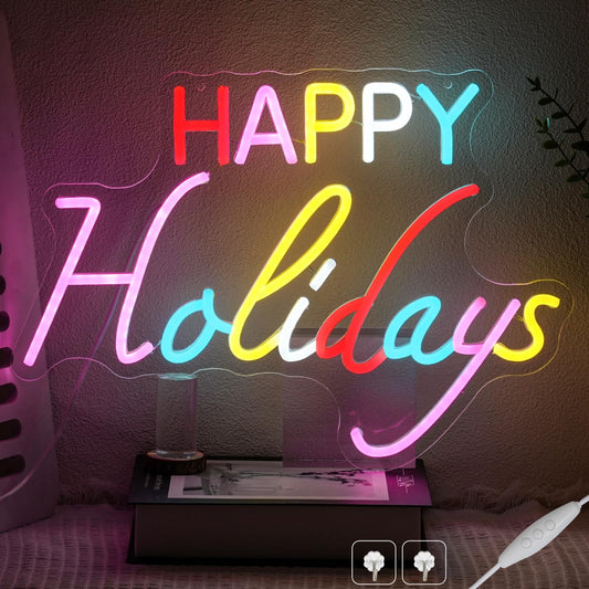 Happy Holidays Neon Sign for Wall Decor, Colorful Letter Neon Light, Dimmable Holiday LED Light Up Sign for New Year Party, Home Bar, Living Room