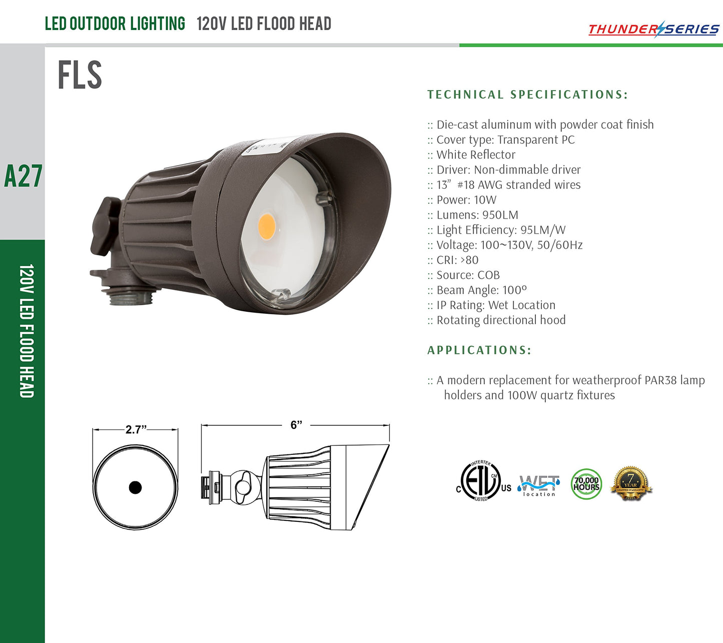 Westgate FLS-10W-50K-BR LED Security/Flood Lights Outdoor, 10W, Die-Cast Aluminum, 1 Lamp Head, 5000K, 950lm, IP65, 100-130VAC, 70,000 Hr Lifespan