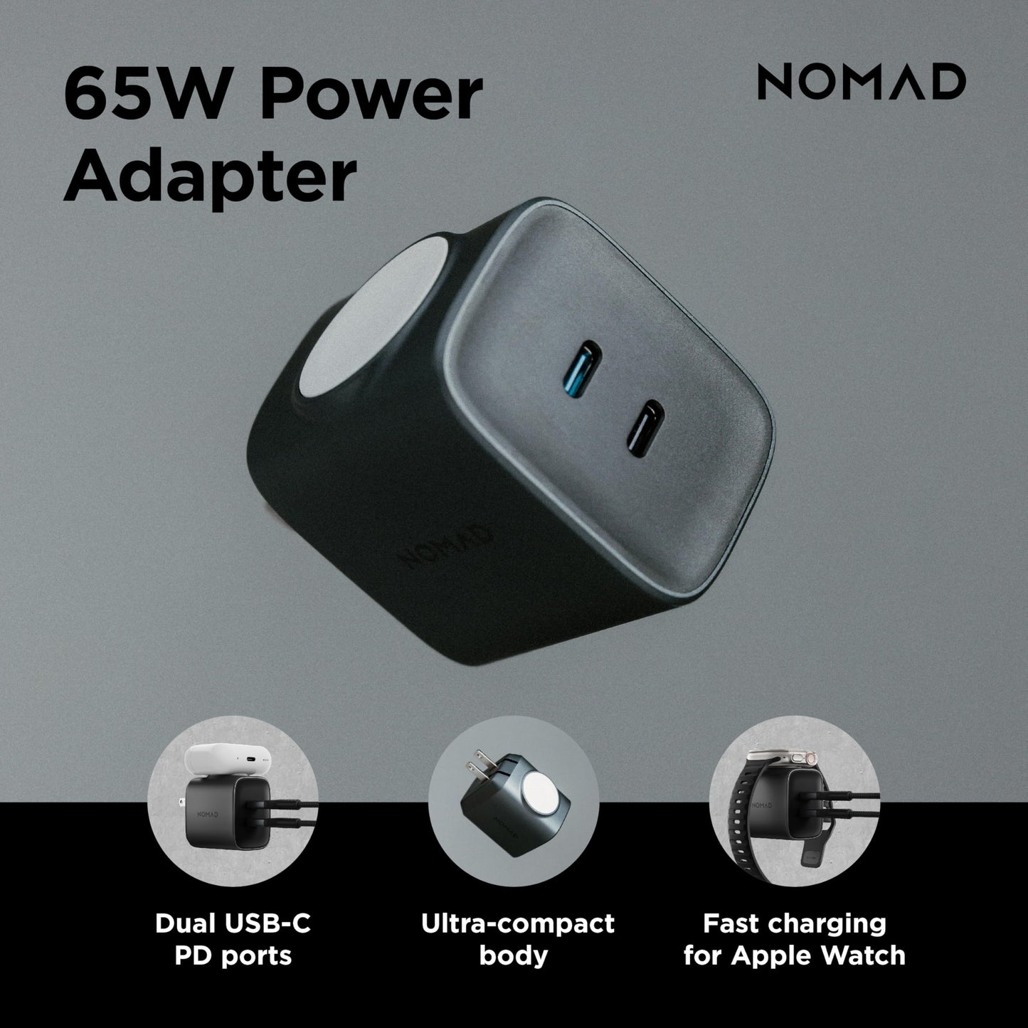 AC Adapter 3 in 1 Charging Solution - 65W Apple Watch Ultra 2 Charger Edition with Dual USB C Cable Ports, Fast Charge Ports and MFi Fast Charger
