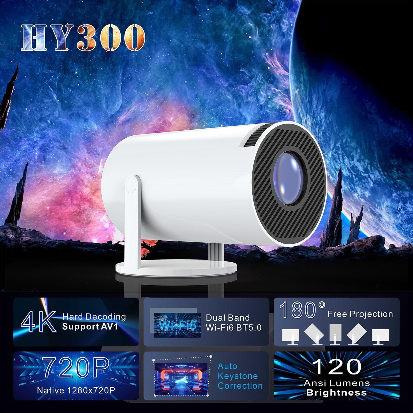 Small Portable Projector, HD 720P Phone Projector, 4K Wireless Video Projector - WiFi Enabled Projector, Auto Correction, 180 Degree Rotatable