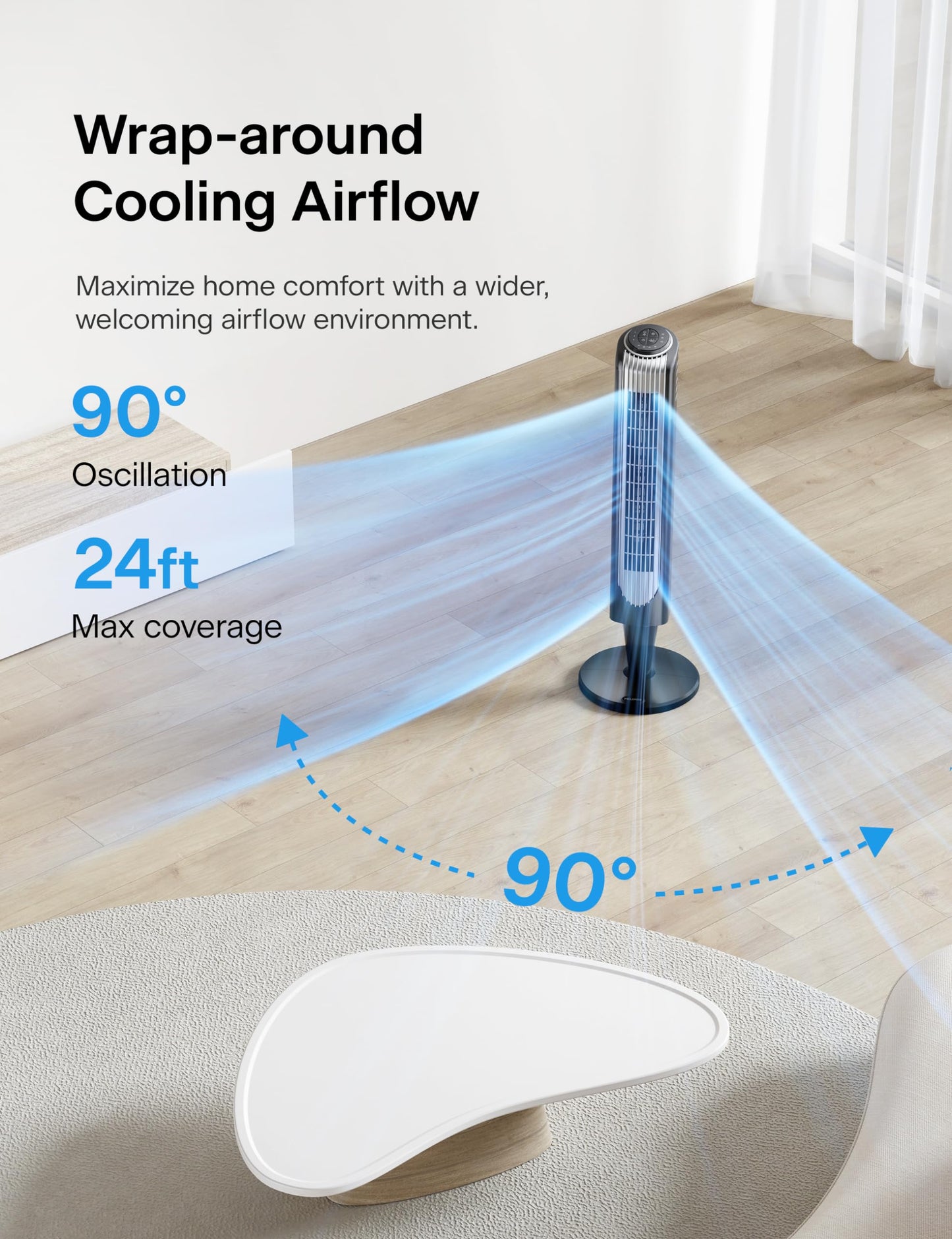 Pelonis 36-Inch Tower Fan for Bedroom - Oscillating Tower Fan with Remote Control - Indoor Quiet Fan with 3 Speeds, 4 Modes and 15-Hour Timer - ETL