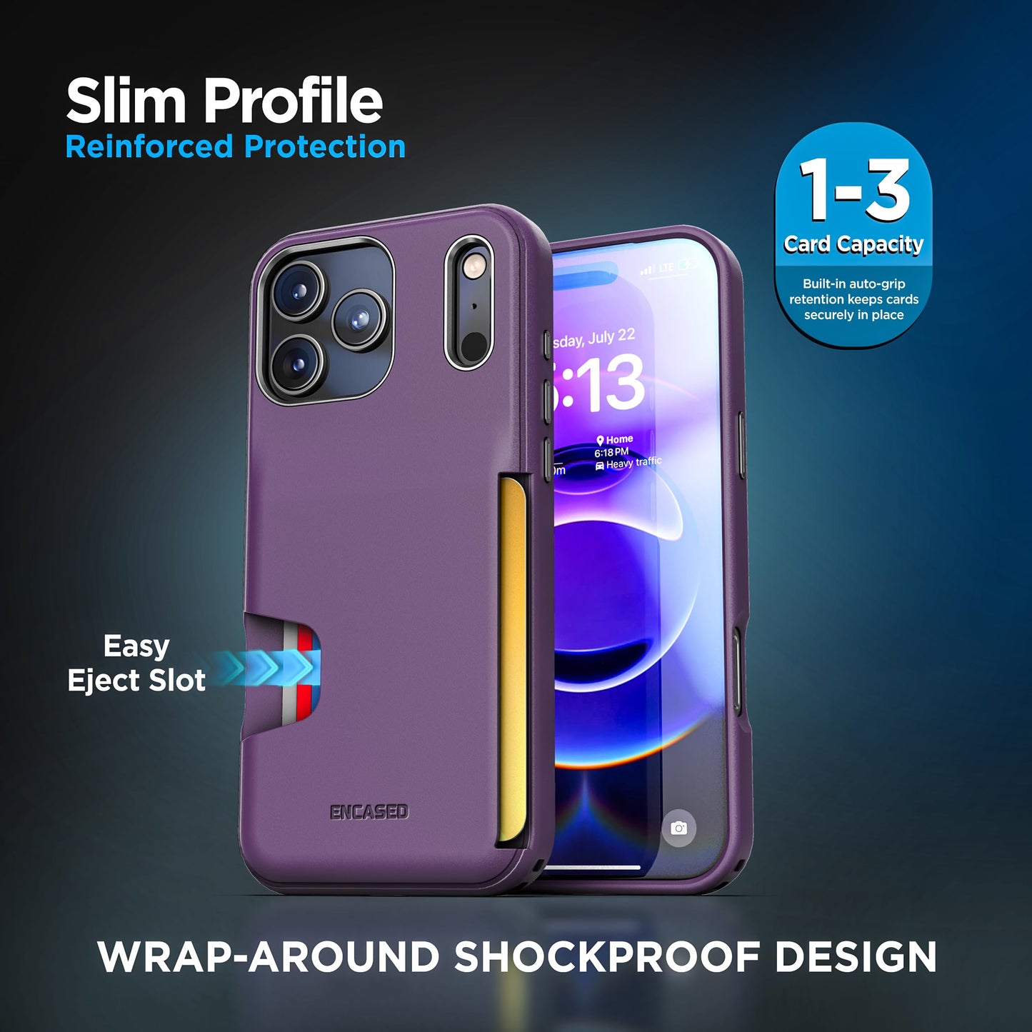 ENCASED for iPhone 17 Pro Max Wallet Case (Cache Series) - Protective Phone Case with Built-in Card Holder Slot (Purple)
