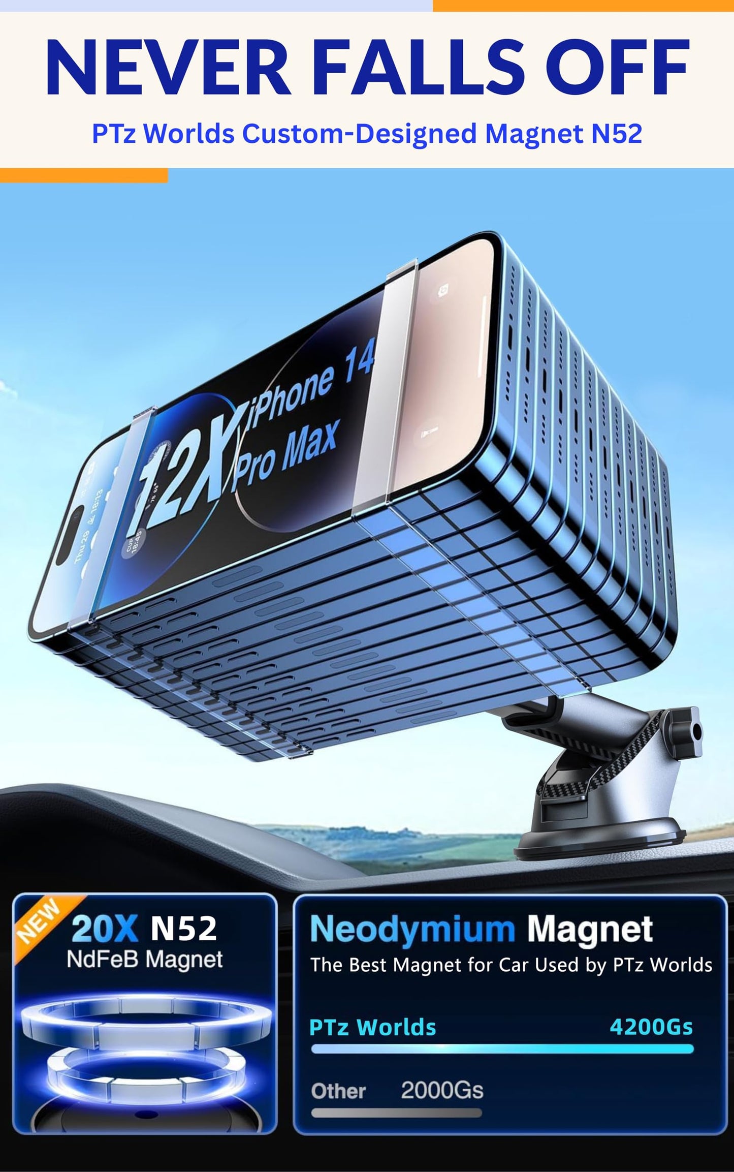 PTz Words for MagSafe Windshield Mount - Magnetic Phone Holder for Car, Suction Cup, High Heat Resistant, Super Strong Magnets, Compatible