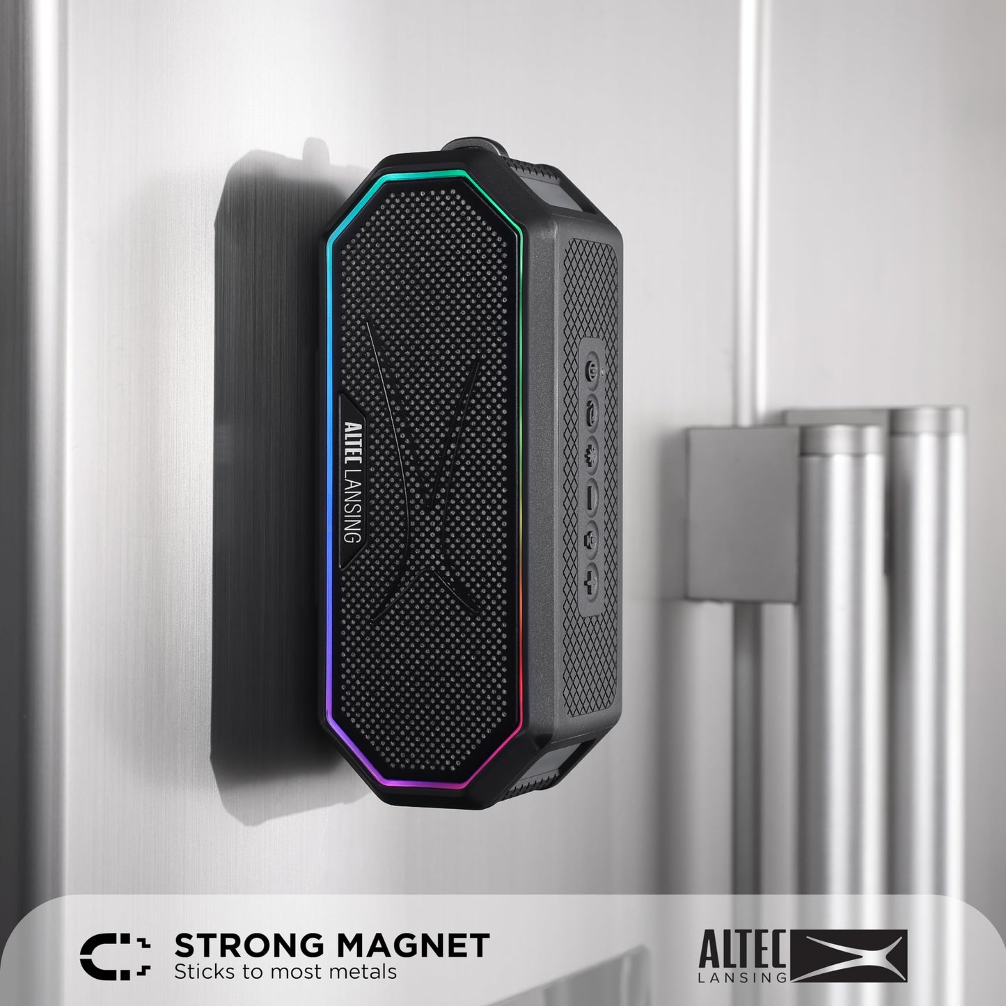 Altec Lansing Magnetic Bluetooth Speaker HYDRAJOLT 2.0, Waterproof IP67, 12W Output Power, 16H Battery, Multicolor LED, 100ft Wireless Range, Voice