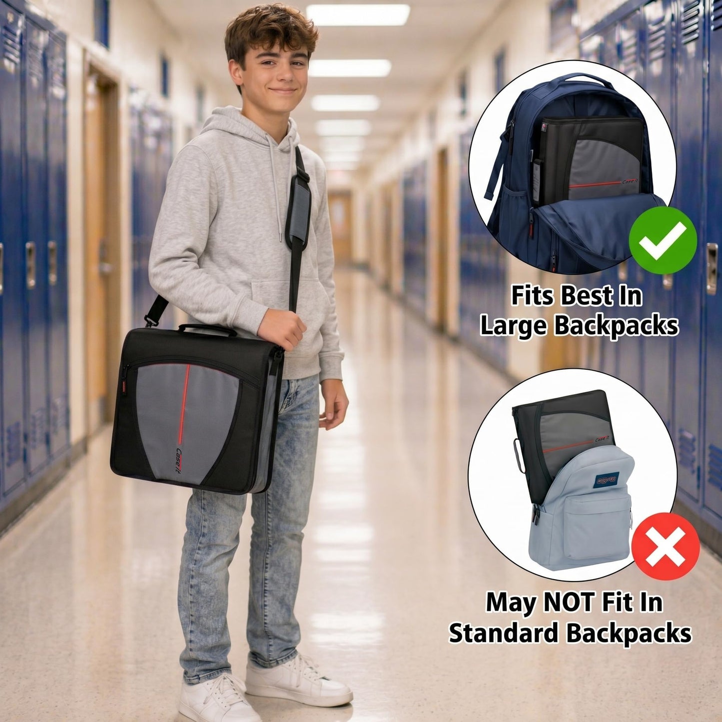 Case-it Mighty Zip Tab School Zipper Binder | 3-Inch O-Rings, 600-Sheet Capacity, 5-Subject Expanding File Folder, Multiple Pockets & Storage
