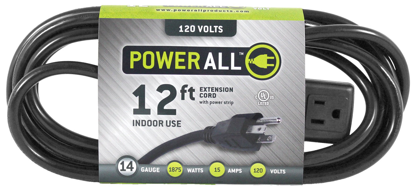 Power All 903250 120 Volt 12 ft Extension Cord w/ 3 Outlet Power Strip - 14 Gauge
