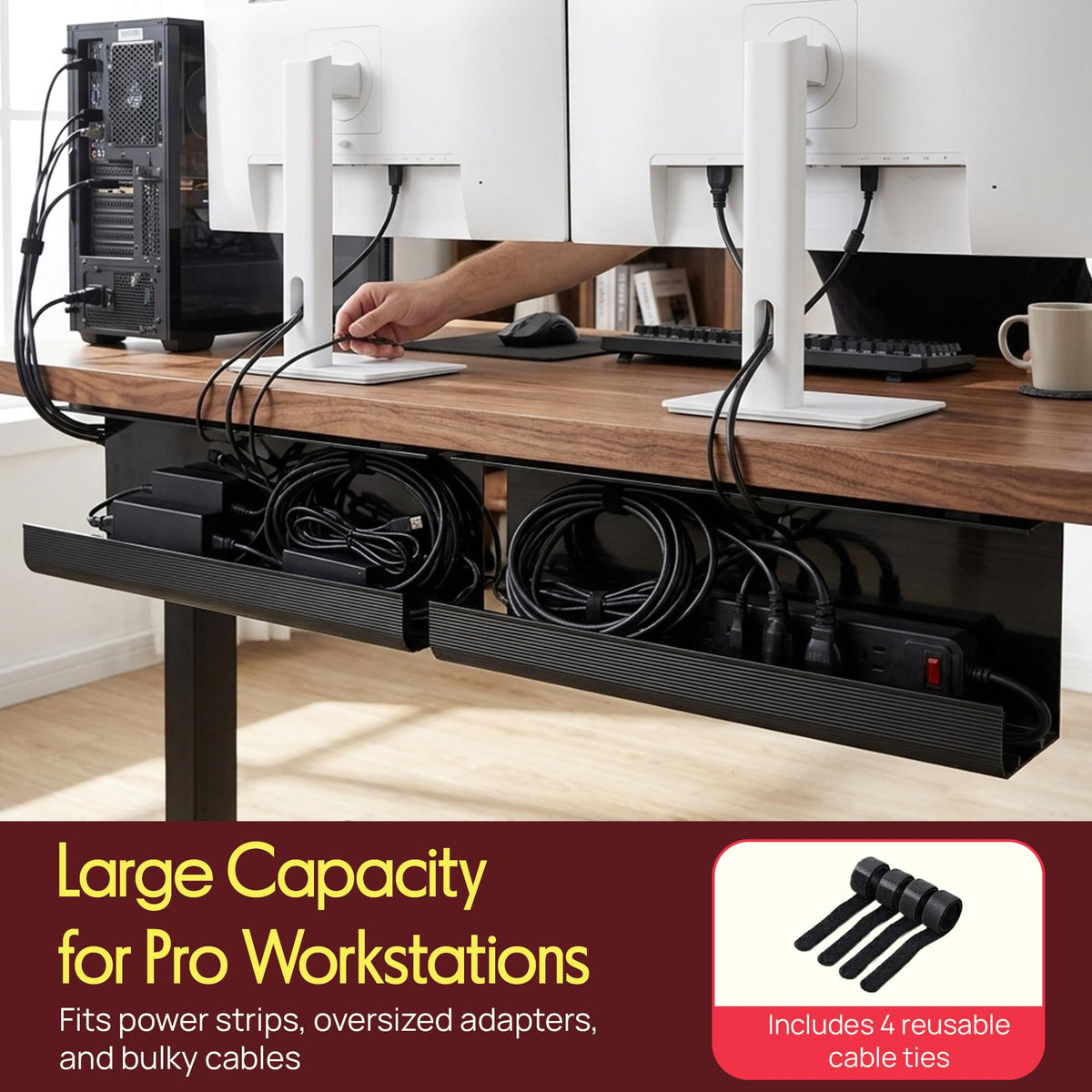 Pyle 2-Pack 17" Under Desk Cable Management Tray, Under Desk Cable Organizer with Adhesive Mount, Wire Management Under Desk for Home Office & Gaming