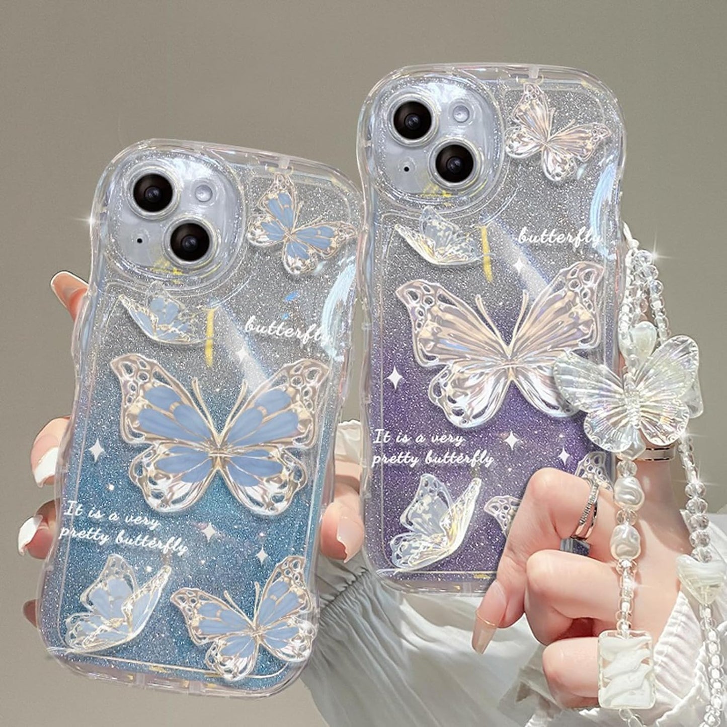Cutecasee Compatible with iPhone 15 Case for Women/Girls, Cute Butterfly Glitter Bling with Bracelets Anti-Scratch Shockproof Case for iPhone 15