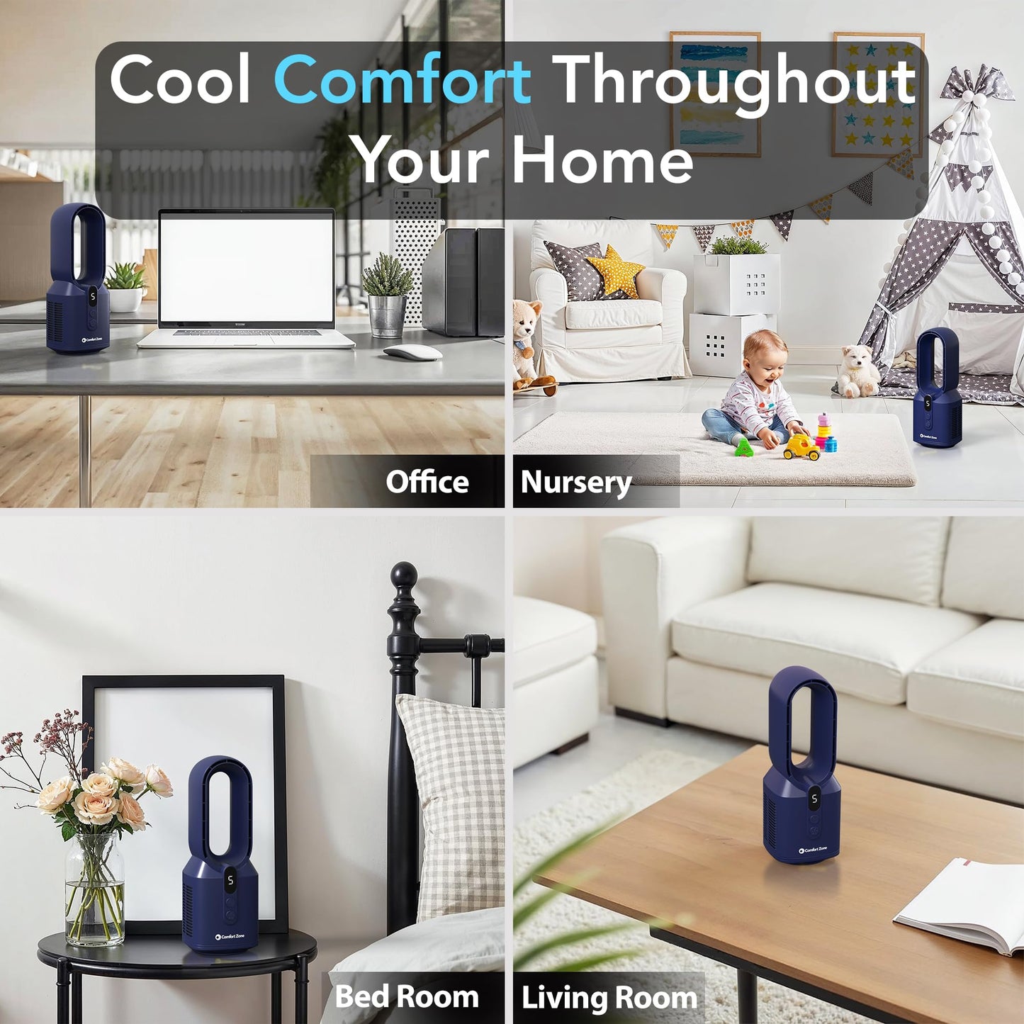 Comfort Zone 14-Inch Rechargeable Bladeless Tabletop Fan, Navy