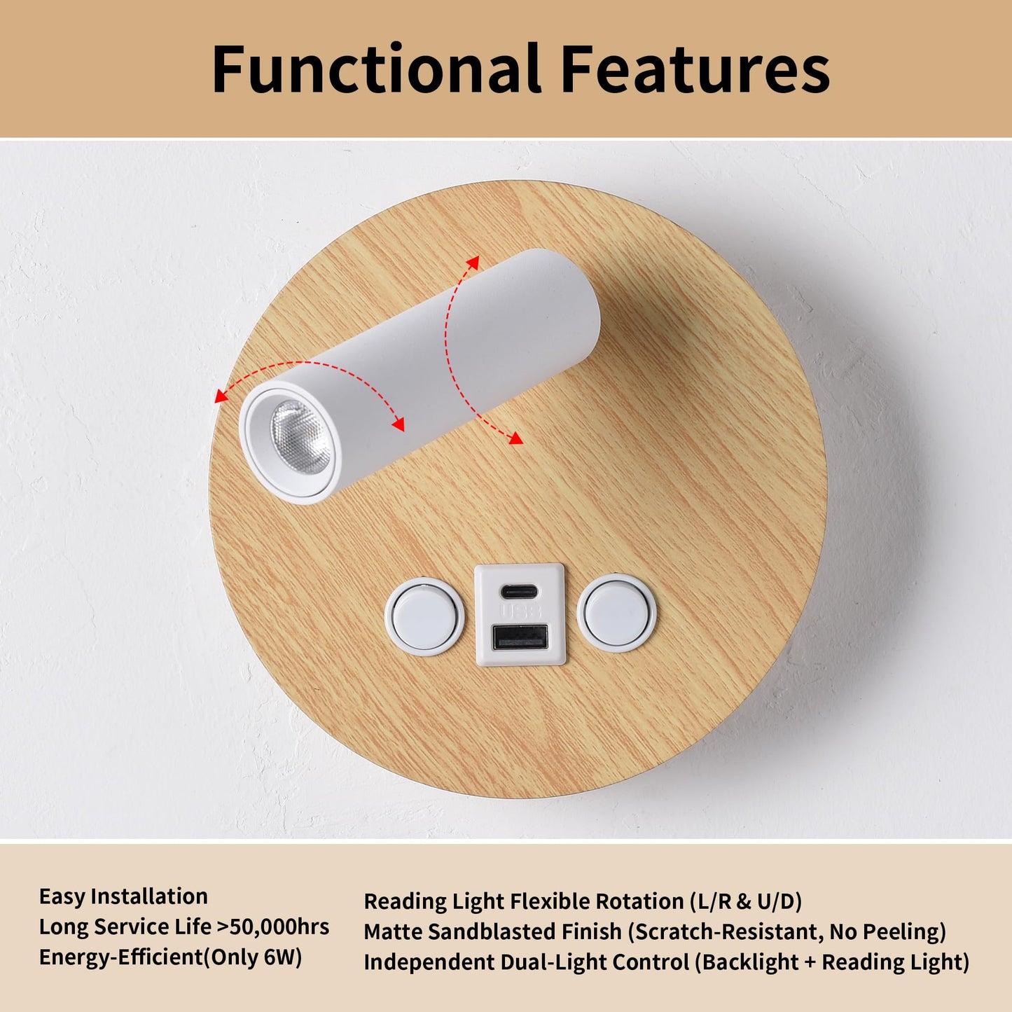 Modern Multi-Purpose Wall Sconces?5.9" Wood Grain Hardwired Wall Light Fixture with USB/Type-C Charging Port for Bedroom/Stdudy, Rotatable Spotlight