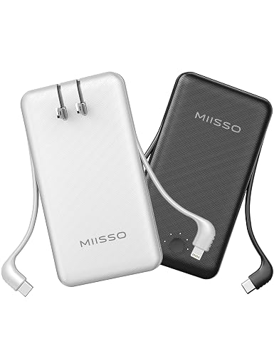 miisso Ultra Slim 10000mAh Power Bank Built-in Cables and Foldable AC Wall Plug, Pocket Size USB C Portable Charger, External Battery Pack Compatible