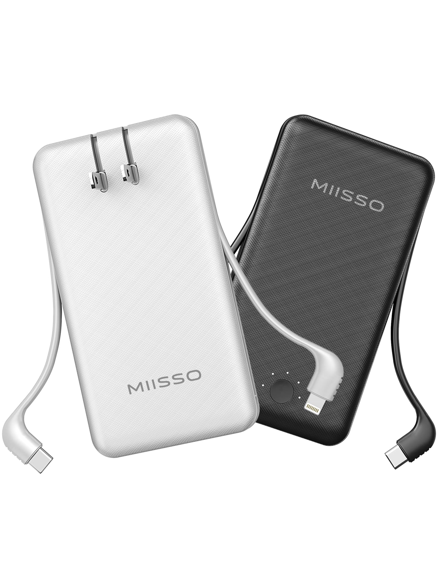 miisso Ultra Slim 10000mAh Power Bank Built-in Cables and Foldable AC Wall Plug, Pocket Size USB C Portable Charger, External Battery Pack Compatible