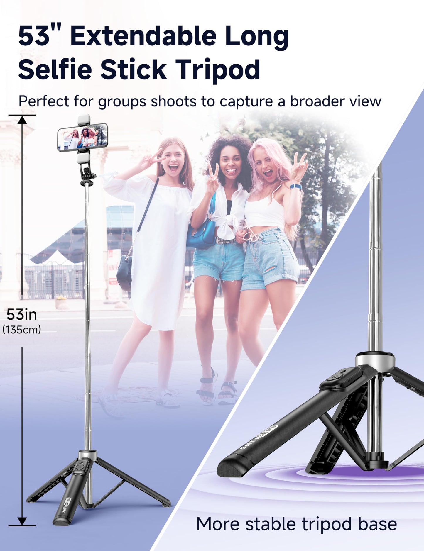 53'' Selfie Stick Tripod with Light, Extendable Selfie Stick with Remote, Portable Cell Phone Tripod Stand with All in 1 Phone Clip, Lightweight