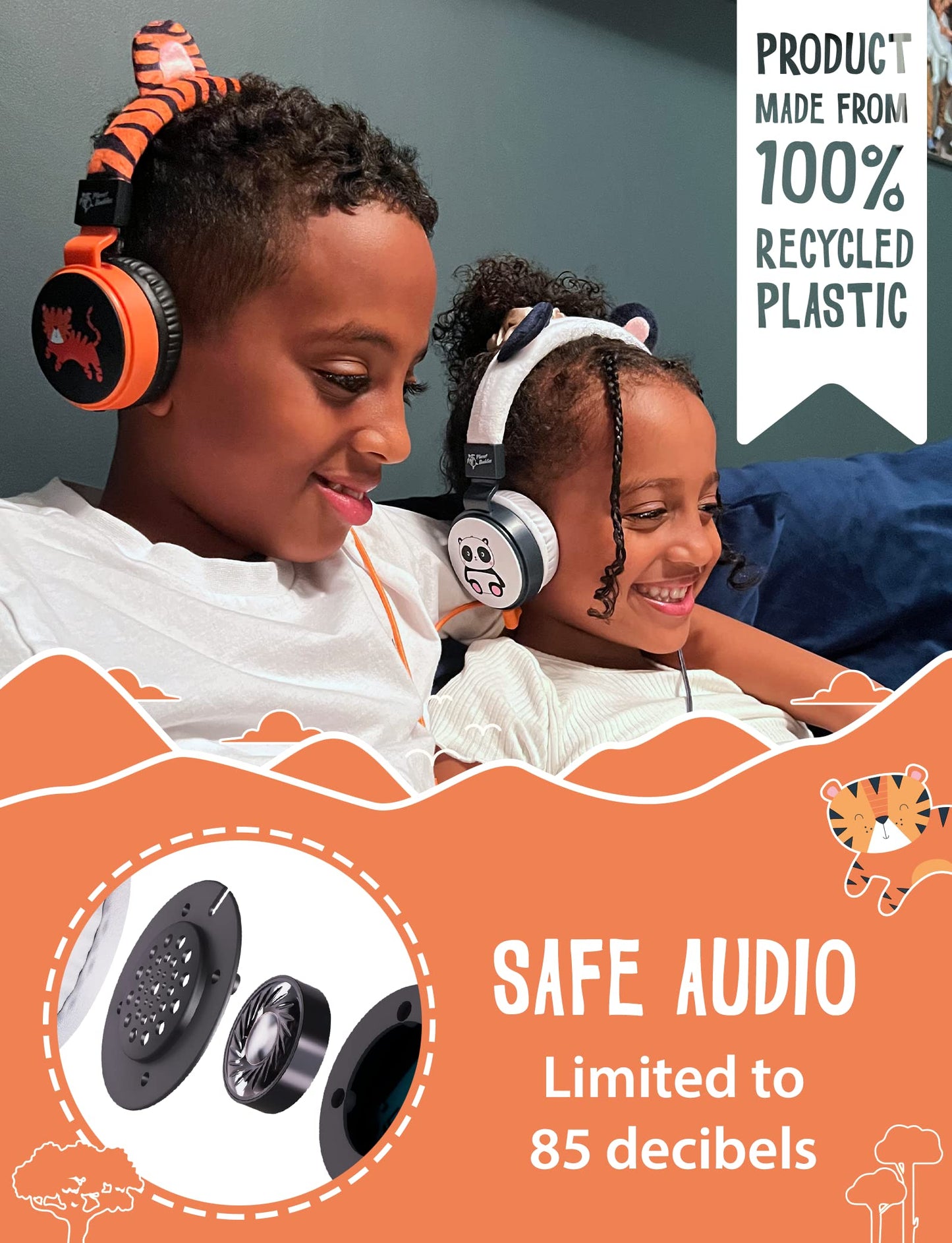 Kids Headphones for School with Tiger Cat Ears, Safe Volume Limited, HD Mic Stereo Sound On-Ear Girls Boys Headphones for Kid, Foldable 3.5mm Wired…