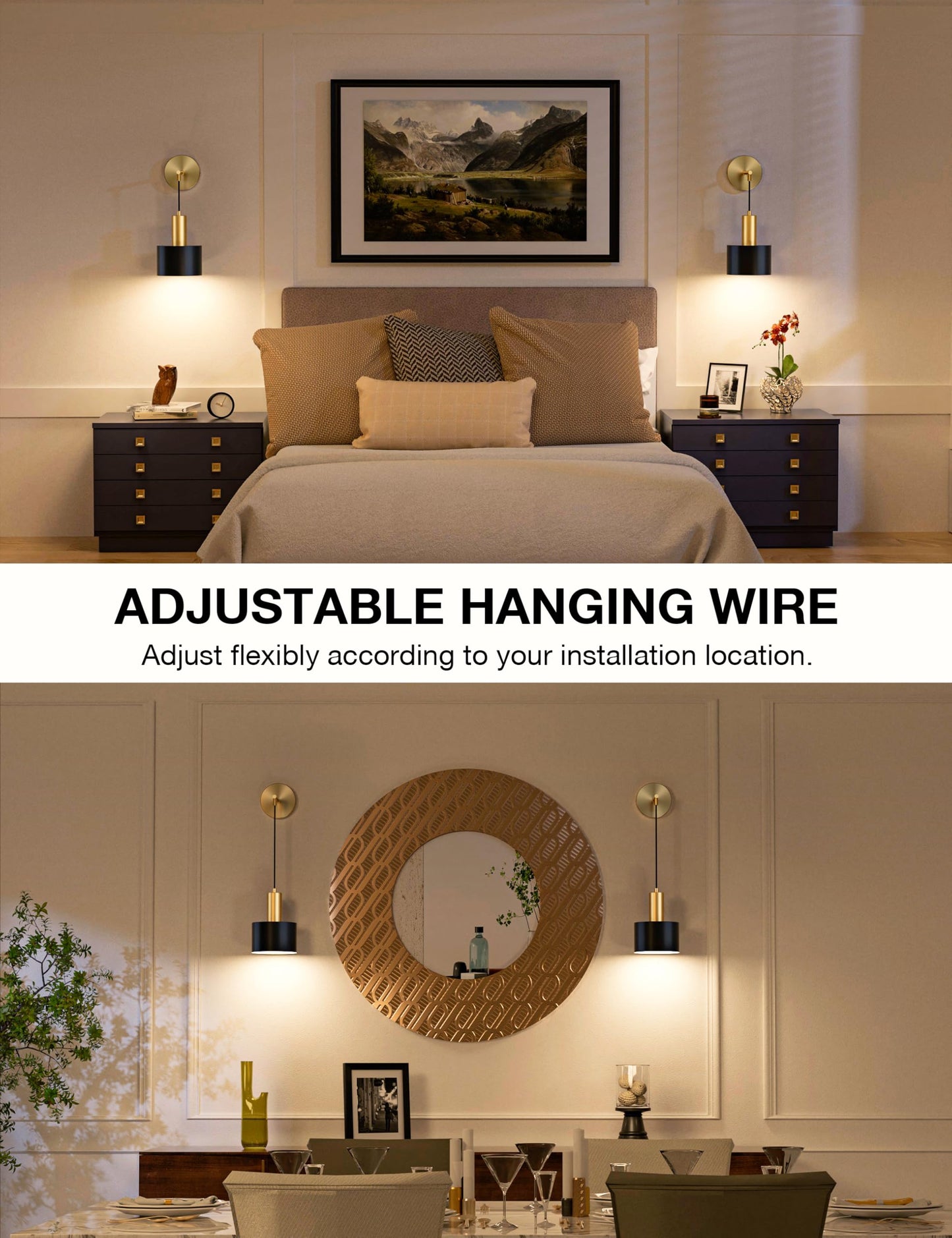 NIORSUN Battery Operated Wall Sconce Set of 2, Gold & Black Wireless Rechargeable Wall Lights with 5200mAh Dimmable Detachable Bulbs and Remote, 9