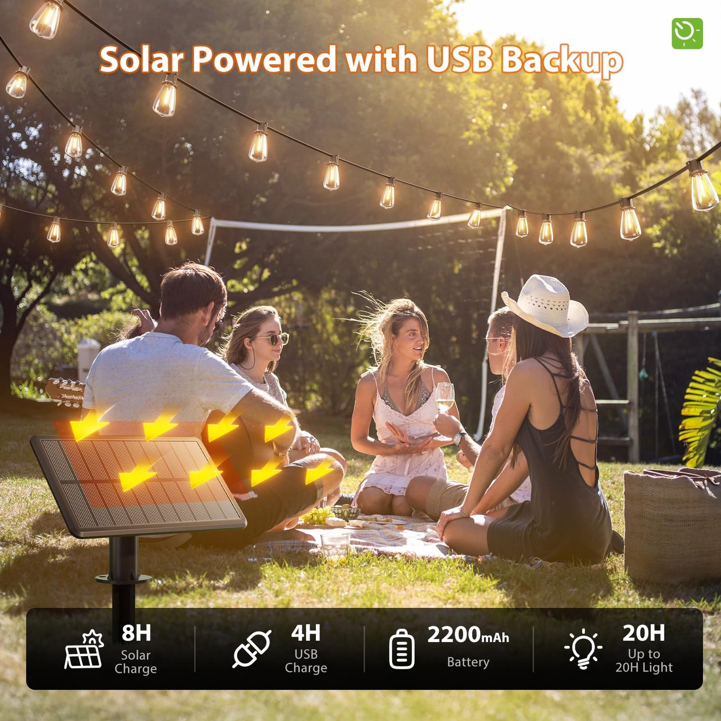 KYY 54FT Solar String Lights Outdoor Waterproof with USB Charging & Remote, Dimmable & Timable, Solar Powered Patio Lights with LED Shatterproof Bulbs