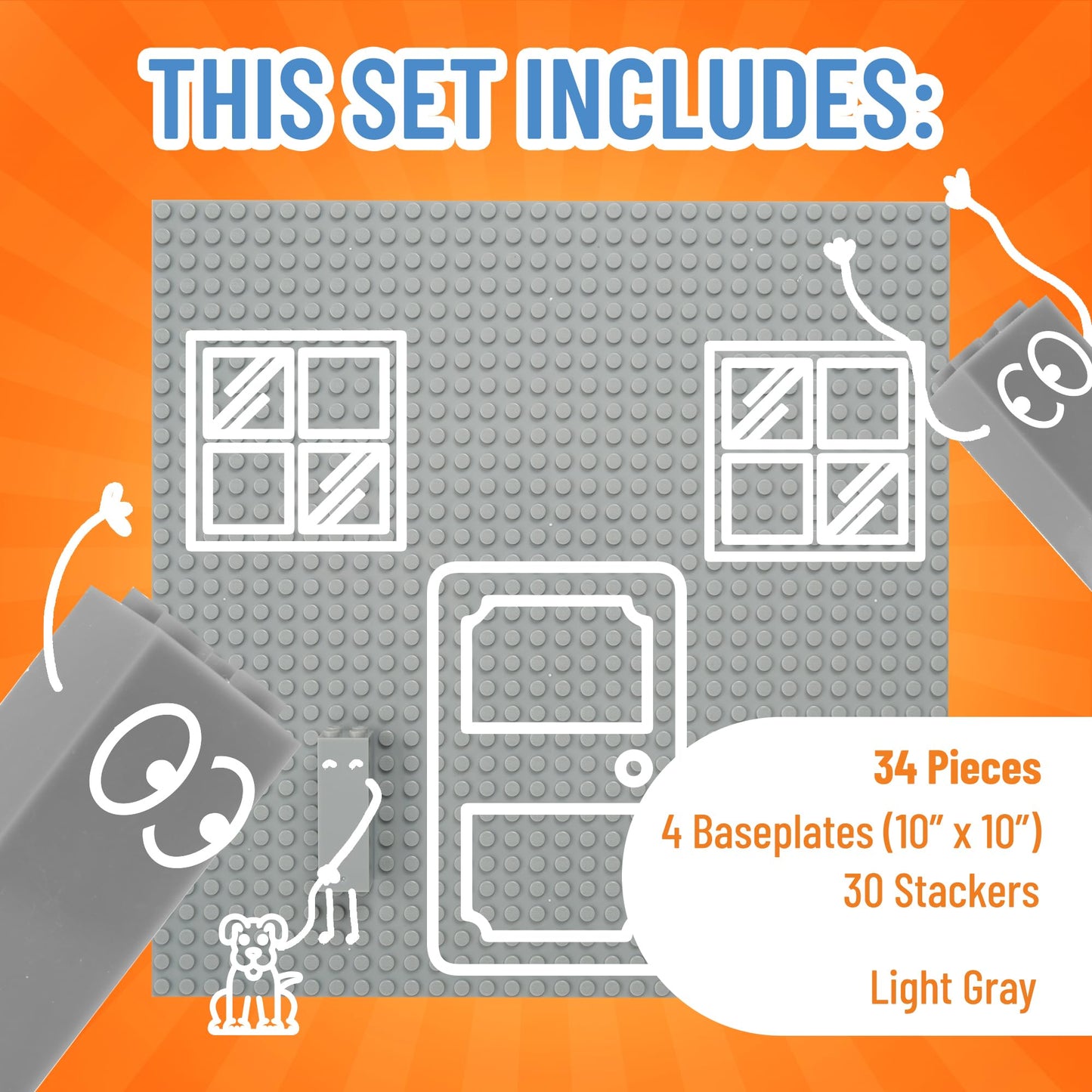 Strictly Briks 4-Pack Stackable Baseplates 10"x10" – Light Gray Plates with 30 Stackers, Compatible with Lego & Major Brick Brands