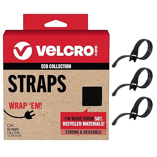 VELCRO Brand ECO Collection | 5 Inch Small Straps for Cords | Reusable Cable Ties | 3/8" Wide, Black, 50 Pack