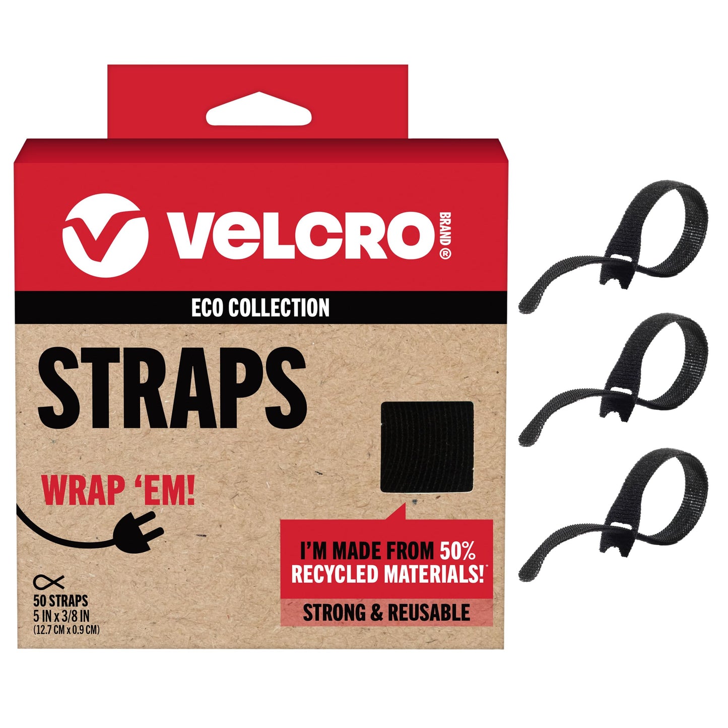 VELCRO Brand ECO Collection | 5 Inch Small Straps for Cords | Reusable Cable Ties | 3/8" Wide, Black, 50 Pack