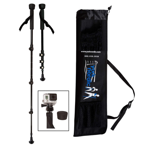 York Nordic PRO Collapsible 4 Piece Trekking/Walking Poles - Pair of monopod Poles w/3 flip Locks, Detachable Rubber feet, and GoPro Camera Mount