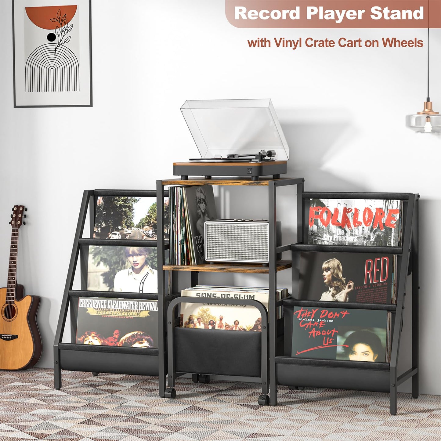Tewinko Record Player Stand with Vinyl Storage Cart, Record Player Table with Record Storage 200 Albums, Turntable Stand with Record Holder Vinyl